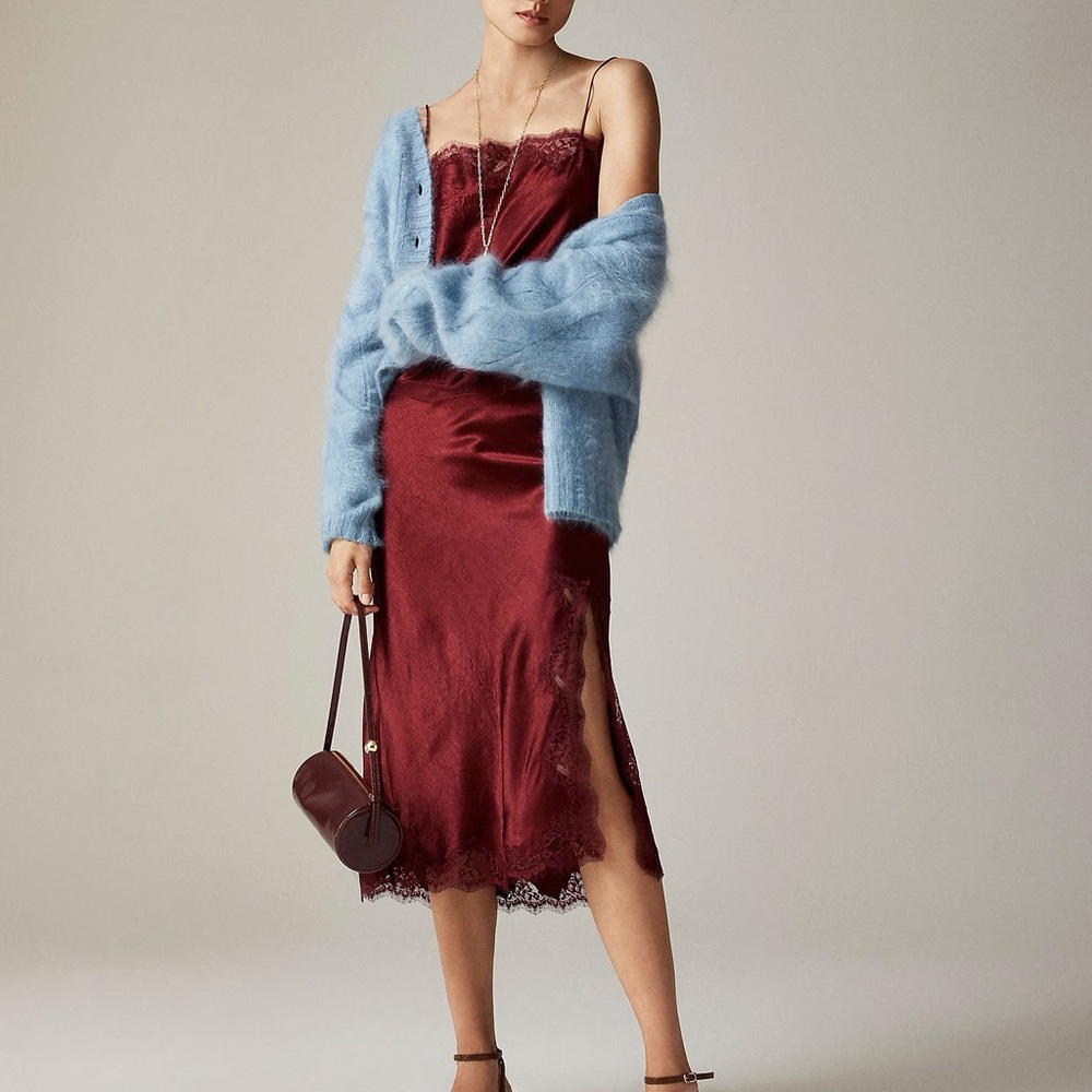 Gwyneth lace-trim slip skirt in textured satin